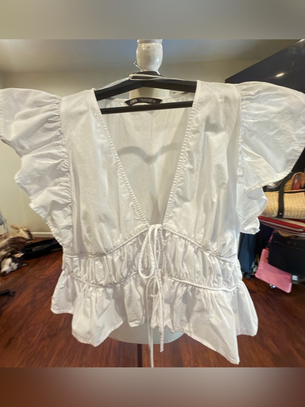 NWOT ZARA White Ruffle-Sleeve Tie-Front Peplum Top Sz. L